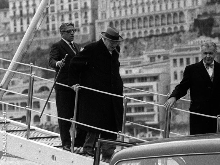 Sir Winston Churchill and Aristotle Onassis leaving yacht Christina, Monaco 1956.