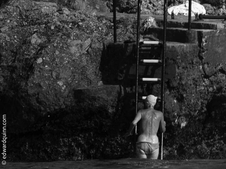 Greta Garbo at her Villa "The Rock"; going down to her swimming place. Cap d’Ail 1959.