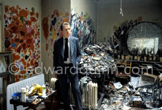 Francis Bacon 1980 at his studio in London. It was removed 1998 and relocated with all it\'s contents at Dublin City Gallery The Hugh Lane. - Photo by Edward Quinn
