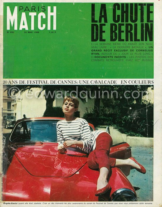 Published in PARIS MATCH No 892, 14.5.1966: Brigitte Bardot with Repetto ballerinas, Capri trousers and a Breton shirt posing ever so nicely on a Simca Aronde Week-end during Cannes Film Festival 1956. - Photo by Edward Quinn