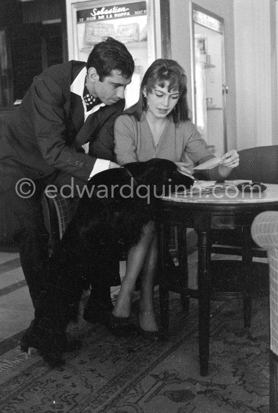 Brigitte Bardot and her husband Roger Vadim in their room at the Hotel Negresco, Nice 1955. - Photo by Edward Quinn