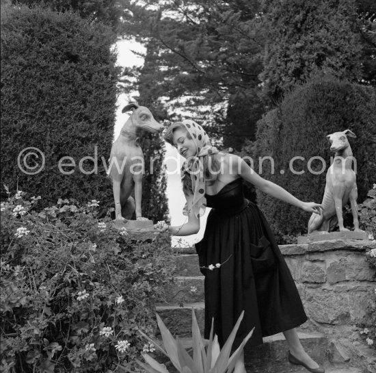 Brigitte Bardot posing with dog sculpture. Cannes Film Festival 1953. - Photo by Edward Quinn