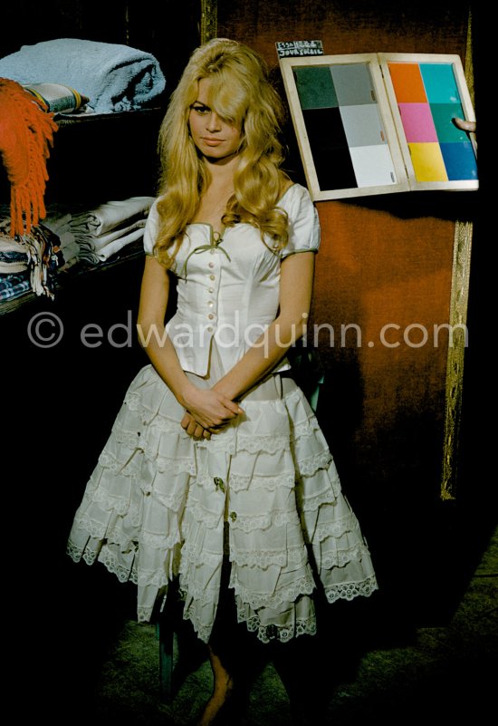 Brigitte Bardot in her wardrobe during filming of the last scenes of "Les Bijoutiers du clair de lune" ("The Night Heaven Fell"), on the grounds of the Studios de la Victorine in Nice. Directing the film is Brigitte’s ex-husband Roger Vadim. Nice 1958. - Photo by Edward Quinn