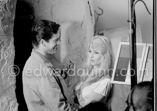 Brigitte Bardot and Stephen Boyd during the shooting of "Les Bijoutiers du clair de lune" ("The Night Heaven Fell"), on the grounds of the Studios de la Victorine in Nice. Directing was Brigitte’s ex-husband Roger Vadim. Nice 1958. - Photo by Edward Quinn