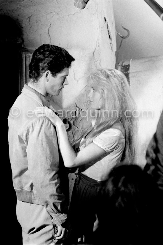 Brigitte Bardot and Stephen Boyd during the shooting of "Les Bijoutiers du clair de lune" ("The Night Heaven Fell"), on the grounds of the Studios de la Victorine in Nice. Directing was Brigitte’s ex-husband Roger Vadim. Nice 1958. - Photo by Edward Quinn