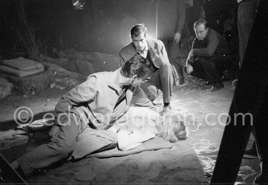 Director Roger Vadim, Brigitte Bardot and Stephen Boyd during filming of "Les bijoutiers du clair de lune" ("The Night Heaven Fell"). Studios de la Victorine, Nice 1958. - Photo by Edward Quinn