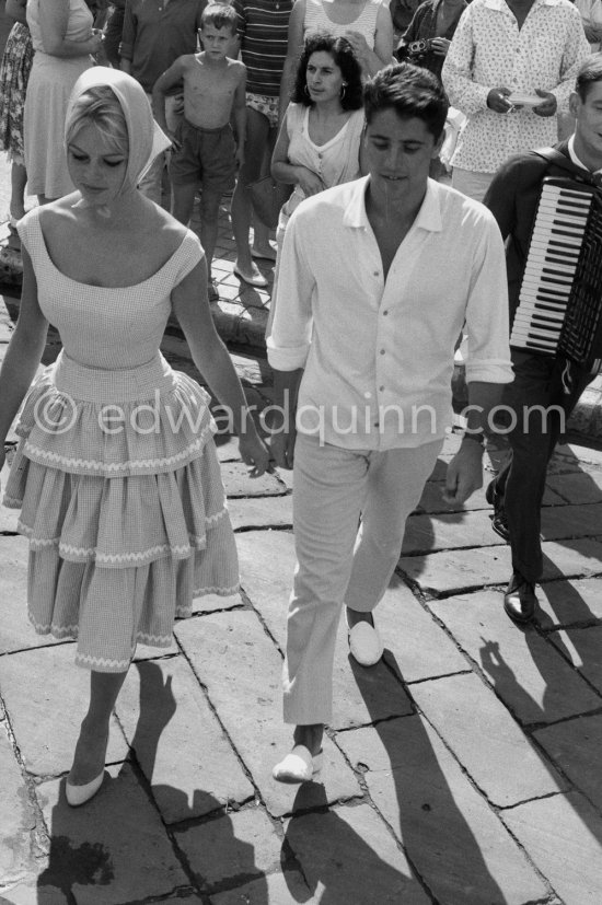 Brigitte Bardot with Sacha Distel at the wedding of Jazz musician "Moustache". Antibes 1958. - Photo by Edward Quinn