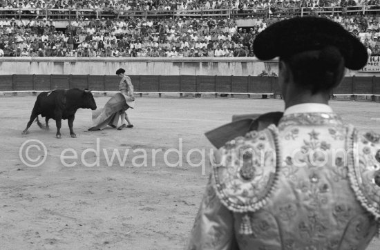Luis Miguel Dominguin watching Paco Camino. Bullfight (corrida de toros, tauromaquia), Nimes 1960. A bullfight Picasso attended (see "Picasso"). - Photo by Edward Quinn