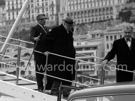 Sir Winston Churchill, Aristotle Onassis and Emery Reves (Churchill’s publisher) leaving yacht Christina, Monaco harbor 1956. - Photo by Edward Quinn
