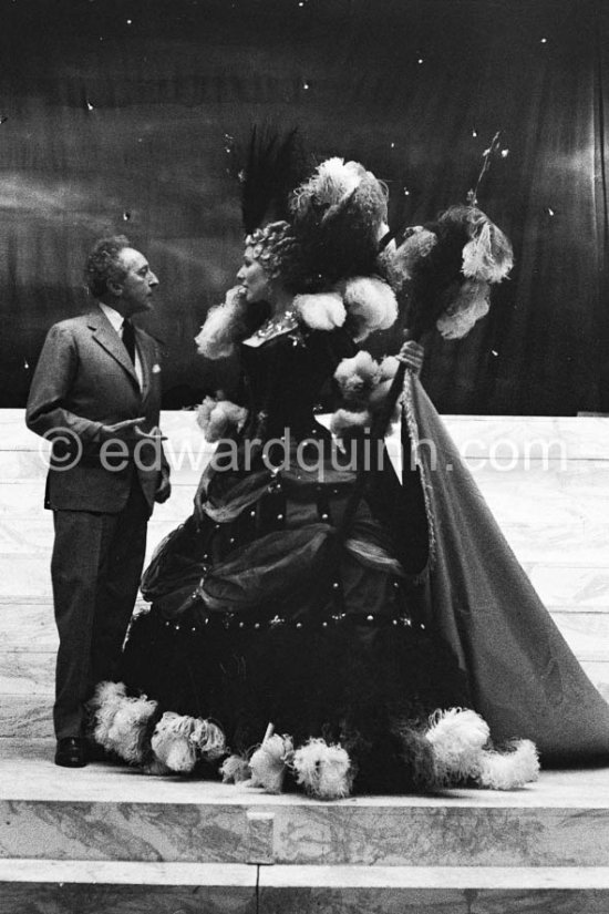 Wedding of Prince Rainier and Grace Kelly: Jean Cocteau on stage with Jacqueline Chambord, who read the poem "Compliment" which Cocteau wrote for the event (probably rehearsal). Monaco 1956. - Photo by Edward Quinn