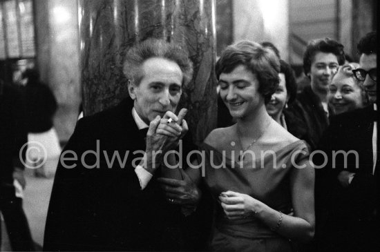 Jean Cocteau and Françoise Sagan at a Gala performance of the ballet "Le Rendez-vous manqué". Sagan was responsible for the scenario, Cocteau for some of the scenery. Monte Carlo 1957. - Photo by Edward Quinn