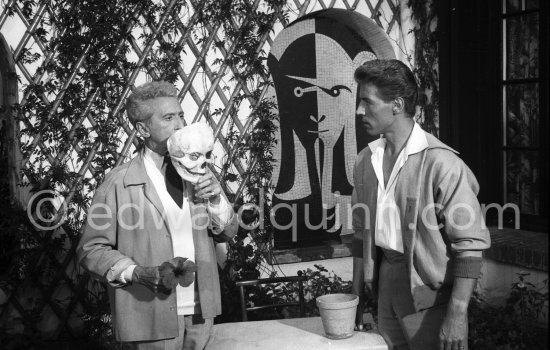 Jean Cocteau and his adopted son Edouard "Doudou" Dermit during filming of "Le Testament d’Orphée". Saint-Jean-Cap-Ferrat 1959. - Photo by Edward Quinn