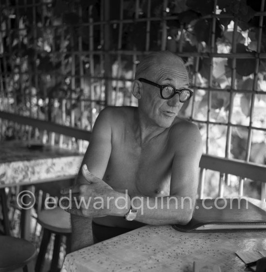 Le Corbusier (Charles-Édouard Jeanneret) at the small restaurant L\'Etoile de Mer next to his vacation cabin Le Cabanon. Roquebrune-Cap-Martin 1953. - Photo by Edward Quinn