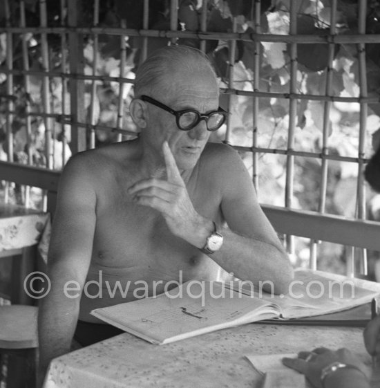 Le Corbusier (Charles-Édouard Jeanneret) interviewed at the small restaurant L\'Etoile de Mer next to his vacation cabin Le Cabanon. Roquebrune-Cap-Martin 1953. - Photo by Edward Quinn