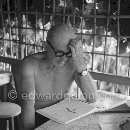 Le Corbusier (Charles-Édouard Jeanneret) at the small restaurant L\'Etoile de Mer next to his vacation cabin Le Cabanon. Roquebrune-Cap-Martin 1953. - Photo by Edward Quinn