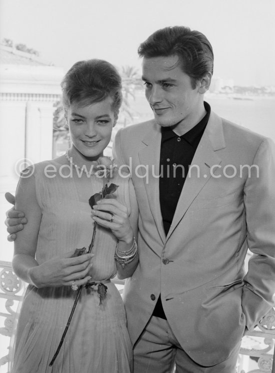 Romy Schneider and Alain Delon at the Carlton Hotel. They had become engaged but it was broken off after several years. Cannes 1962. Romy with a Cartier Trinity Ring. - Photo by Edward Quinn