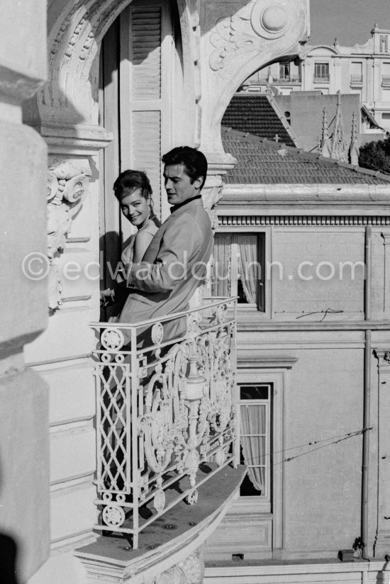 Romy Schneider and Alain Delon at the Carlton Hotel. They had become engaged but it was broken off after several years. Cannes 1962. - Photo by Edward Quinn