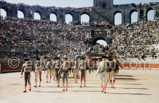 Bullfight (corrida de toros, tauromaquia): The participants enter the bull ring in a parade, called the paseo. Luis Miguel Dominguin on the right, his brother-in-law, Antonio Ordóñez, extreme left. Arles 1960. A bullfight Picasso attended (see "Picasso"). - Photo by Edward Quinn