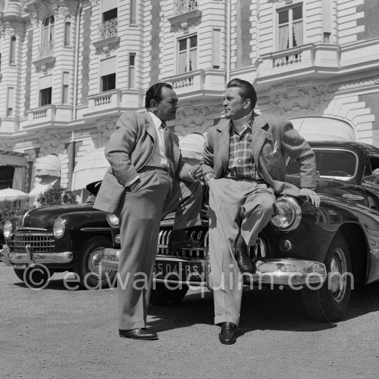 Kirk Douglas and Edward G. Robinson in front of Carlton Hotel. Cannes 1953. Car: Buick Super 1948 - Photo by Edward Quinn