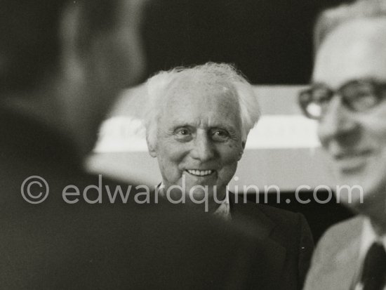 Max Ernst at the opening of the exhibition "Dorothea Tanning: Oeuvre", Centre National d\'Art Contemporain CNAC, Paris, May 1974. - Photo by Edward Quinn
