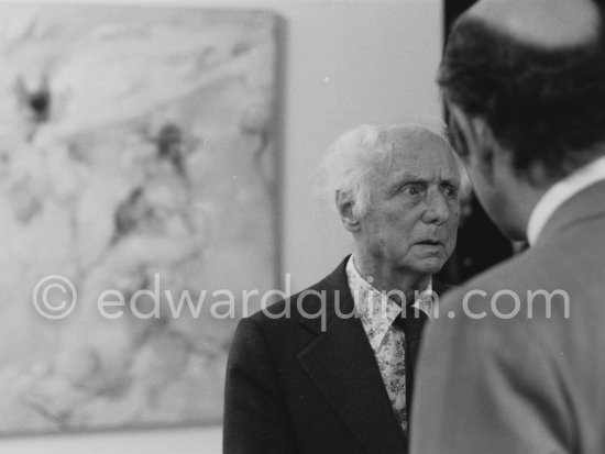 Max Ernst and Michel Guy (French ministre de la culture) at the opening of the exhibition "Dorothea Tanning: Oeuvre" (retrospective), Centre National d\'Art Contemporain CNAC, Paris, May 28 - July 8, 1974. Behind him "Far From" 1964. by Dorothea Tanning - Photo by Edward Quinn