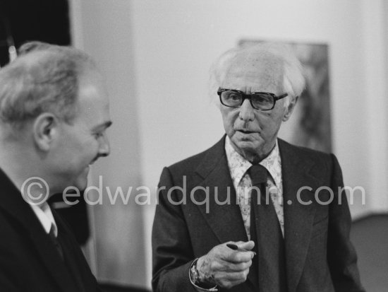 Max Ernst at the opening of the exhibition "Dorothea Tanning: Oeuvre" (retrospective), Centre National d\'Art Contemporain CNAC, Paris, May 28 - July 8, 1974. - Photo by Edward Quinn
