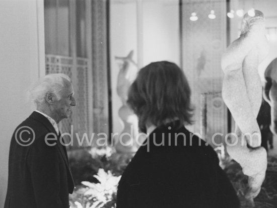 Max Ernst and Werner Spies at the opening of the exhibition "Dorothea Tanning: Oeuvre" (retrospective), Centre National d\'Art Contemporain CNAC, Paris, May 28 - July 8, 1974. With sculptures by Dorothea Tanning. With sculptures by Dorothea Tanning. - Photo by Edward Quinn