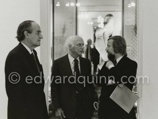 Max Ernst and Werner Spies at the opening of the exhibition "Dorothea Tanning: Oeuvre" (retrospective), person on the left not yet identified. Centre National d\'Art Contemporain, Paris, May 28 - July 8, 1974. - Photo by Edward Quinn