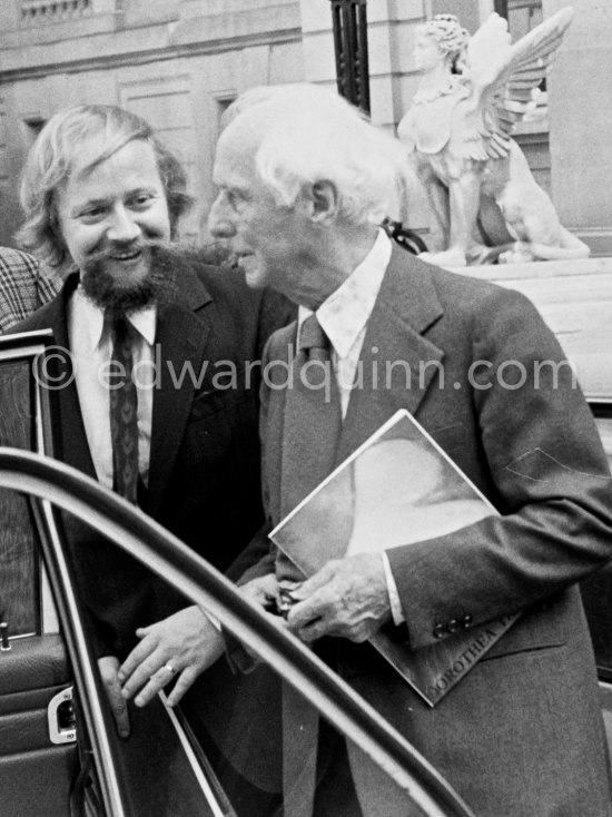 Max Ernst and Werner Spies leaving the opening of the exhibition "Dorothea Tanning: Oeuvre" (retrospective), Centre National d\'Art Contemporain, Paris, May 28 - July 8, 1974. - Photo by Edward Quinn