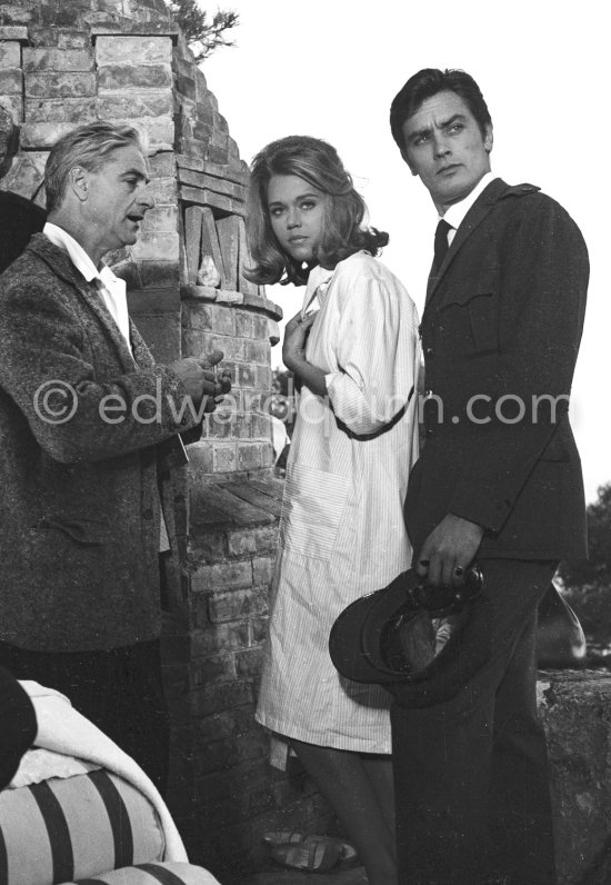 Jane Fonda, Alain Delon and director René Clément on the film set of "Les Félins" ("Love Cage", "Joy House"), Antibes 1964. - Photo by Edward Quinn