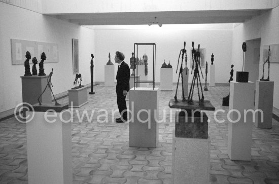 Alberto Giacometti in the room with his sculptures. Inauguration of the Fondation Maeght, Saint-Paul-de-Vence 1964. - Photo by Edward Quinn