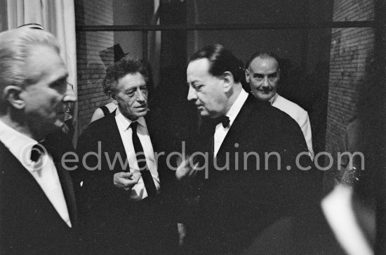 French minister of Cultural Affairs André Malraux, Aimé Maeght, Alberto Giacometti. Inauguration of the Fondation Maeght. Saint-Paul-de-Vence 1964. - Photo by Edward Quinn