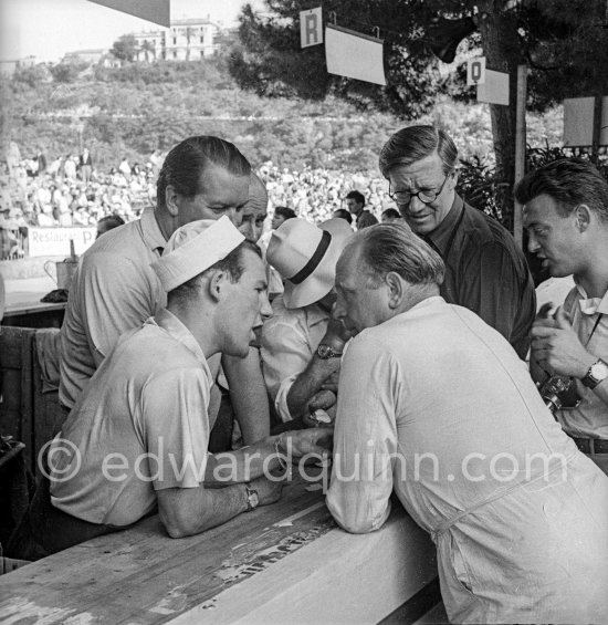 From left Stirling Moss, Anthony Hume, (behind Moss), Reginald Parnell and H J Aldington. Monaco Grand Prix 1952, transformed into a race for sports cars. This was a two day event, the Sunday for the up to 2 litres (Prix de Monte Carlo), the Monday for the bigger engines, (Monaco Grand Prix). - Photo by Edward Quinn