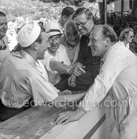 From left Anthony Hume, Stirling Moss, his father Alfred, H J Aldington and Reginald Parnell. Monaco Grand Prix 1952, transformed into a race for sports cars. This was a two day event, the Sunday for the up to 2 litres (Prix de Monte Carlo), the Monday for the bigger engines, (Monaco Grand Prix). - Photo by Edward Quinn