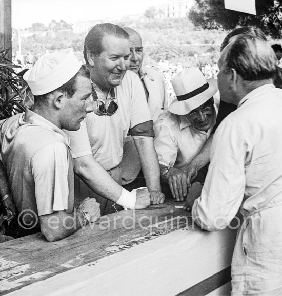 Stirling Moss, Anthony Hume, Moss\' father Alfred and Reginald Parnell (from left). Monaco Grand Prix 1952, transformed into a race for sports cars. This was a two day event, the Sunday for the up to 2 litres (Prix de Monte Carlo), the Monday for the bigger engines, (Monaco Grand Prix). - Photo by Edward Quinn