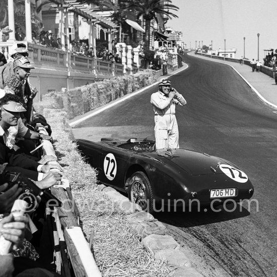 The accident at Sainte-Dévote: Reg Parnell, (72) Aston Martin DB3. The Aston engine of Parnell blows up in the Ste-Devote and aligns his car against the straw bales, Stagnoli brakes too hard and does a double spin. Moss, Jaguar C-Type XKC 003 and Manzon find an obstructed road, spin and end up against the poor Aston, then Hume spins and reverses into the pile. Lucky nobody gets hurt. Moss restarted after the accident, but got a black flag for receiving outside help. Monaco Grand Prix 1952, transformed into a race for sports cars. This was a two day event, the Sunday, Prix Monte Carlo, for the up to 2 litres (Prix de Monte Carlo), the Grand Prix, Monday for the bigger engines, (Monaco Grand Prix). - Photo by Edward Quinn