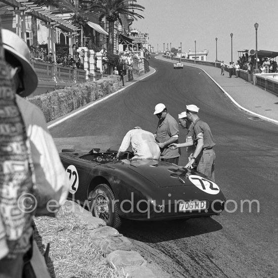 The accident at Sainte-Dévote: Reg Parnell, (72) Aston Martin DB3. The Aston engine of Parnell blows up in the Ste-Devote and aligns his car against the straw bales, Stagnoli brakes too hard and does a double spin. Moss, Jaguar C-Type XKC 003 and Manzon find an obstructed road, spin and end up against the poor Aston, then Hume spins and reverses into the pile. Fortunately nobody gets hurt. Moss restarted after the accident, but got a black flag for receiving outside help. Monaco Grand Prix 1952, transformed into a race for sports cars. This was a two day event, the Sunday, Prix Monte Carlo, for the up to 2 litres (Prix de Monte Carlo), the Grand Prix, Monday for the bigger engines, (Monaco Grand Prix). - Photo by Edward Quinn