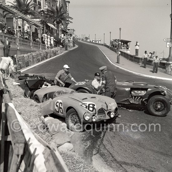 The accident at Sainte-Dévote: Hume, (84) Allard J7, Manzon, (56) Simca Gordini T15S, Reg Parnell, (72) Aston Martin DB3. The Aston engine of Parnell blows up in the Ste-Devote and aligns his car against the straw bales, Stagnoli brakes too hard and does a double spin. Moss, Jaguar C-Type XKC 003 and Manzon find an obstructed road, spin and end up against the poor Aston, then Hume spins and reverses into the pile. Fortunately nobody gets hurt. Moss restarted after the accident, but got a black flag for receiving outside help. Monaco Grand Prix 1952, transformed into a race for sports cars. This was a two day event, the Sunday, Prix Monte Carlo, for the up to 2 litres (Prix de Monte Carlo), the Grand Prix, Monday for the bigger engines, (Monaco Grand Prix). - Photo by Edward Quinn
