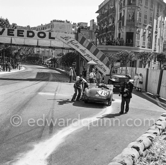 The accident at Sainte-Dévote: Stirling Moss, (78) restarts his Jaguar C-Type XKC 003 but got a black flag for receiving outside help. Monaco Grand Prix 1952, transformed into a race for sports cars. This was a two day event, the Sunday, Prix Monte Carlo, for the up to 2 litres (Prix de Monte Carlo), the Grand Prix, Monday for the bigger engines, (Monaco Grand Prix). - Photo by Edward Quinn