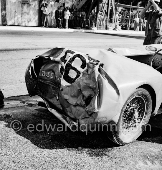 The accident at Sainte-Dévote: Simca Gordini T15S of Robert Manzon, (56). Monaco Grand Prix 1952, transformed into a race for sports cars. This was a two day event, the Sunday for the up to 2 litres (Prix de Monte Carlo), the Monday for the bigger engines, (Monaco Grand Prix). The Aston engine of Parnell blows up in the Ste-Devote and aligns his car against the straw bales, Stagnoli brakes too hard and does a double spin. Moss, Jaguar C-Type XKC 003 and Manzon find an obstructed road, spin and end up against the poor Aston, then Hume spins and reverses into the pile. Fortunately nobody gets hurt. Moss restarted after the accident, but got a black flag for receiving outside help. - Photo by Edward Quinn