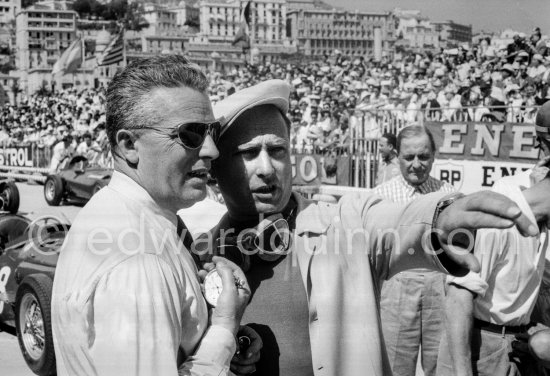 Juan Manuel Fangio and "Maestro" Nello Ugolini, sporting director until 1955 of Scuderia Ferrari, from 1956 of Maserati. - Photo by Edward Quinn