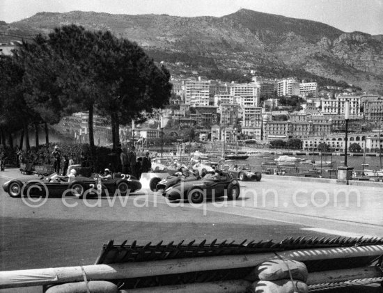 Stirling Moss, (28) Maserati 250F. Eugenio Castellotti, (22) Ferrari-Lancia D50. Harry Schell, (16) Vanwall) VWI, Juan M. Fangio, (20) Ferrari-Lancia D50. Peter Collins, (26) Ferrari-Lancia D50. Monaco Grand Prix 1956. - Photo by Edward Quinn