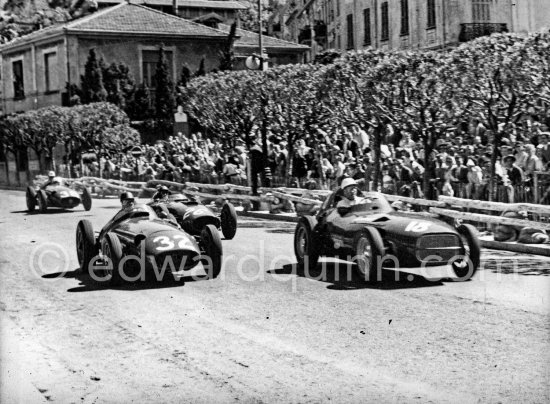 Stirling Moss, (18) Vanwall VW3/4, Juan Manuel Fangio, (32) Maserati 250F, Peter Collins, (26) Ferrari 801, Harry Schell, (38), Maserati 250F.Monaco Grand Prix 1957. - Photo by Edward Quinn