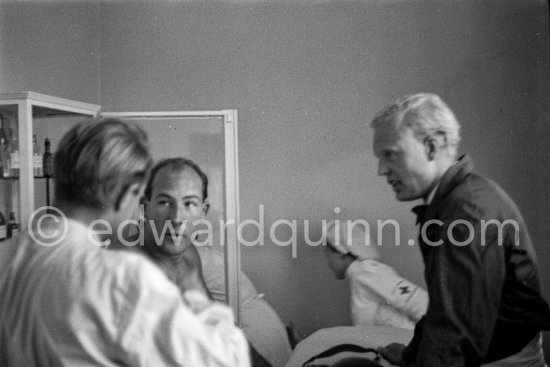 Mike Hawtorn, Peter Collins and Stirling Moss at the hospital after their accident in lap 4. Monaco Grand Prix 1957. - Photo by Edward Quinn