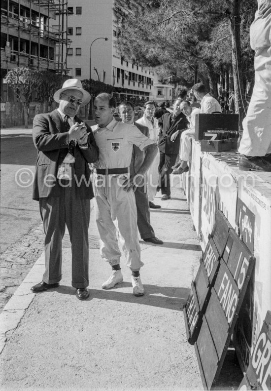 Stirling Moss and Tony Vandervell, head of the Vanwall Formula One racing team. Monaco Grand Prix 1957. - Photo by Edward Quinn