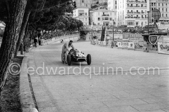The slowest time, approximately ten minutes, was recorded by Brabham, who pushed his (14) Cooper T43 from the tunnel all the way to the finishing line with a faulty fuel pump. This gallant effort was sufficient for him to claim sixth place as a down payment on a great future. Monaco Grand Prix 1957. - Photo by Edward Quinn