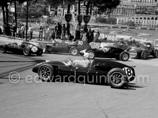 Roy Salvadori, (18) Cooper T45. Jack Brabham, (16) Cooper T45. Tony Brooks, (30) Vanwall VW10, Maurice Trintignant, (20) Cooper T45 (winner). Monaco Grand Prix 1958. - Photo by Edward Quinn