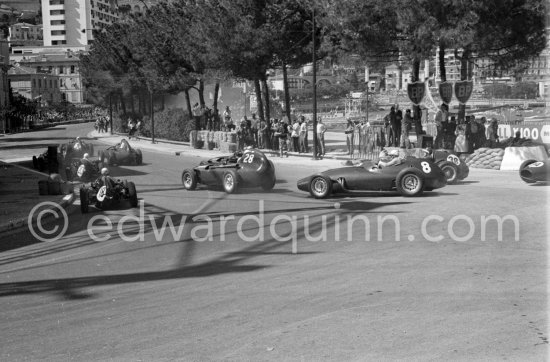 Jean Behra, (6) B.R.M. P25. Tony Brooks, (30) Vanwall VW10. Roy Salvadori, (18) Cooper T45. Jack Brabham, (16) Cooper T45. Maurice Trintignant, (20) Cooper T45 (winner). Stirling Moss, (28) Vanwall VW7. Harry Schell, (8) B.R.M. 25. Mike Hawthorn (38) Ferrari Dino 246. Monaco Grand Prix 1958. - Photo by Edward Quinn