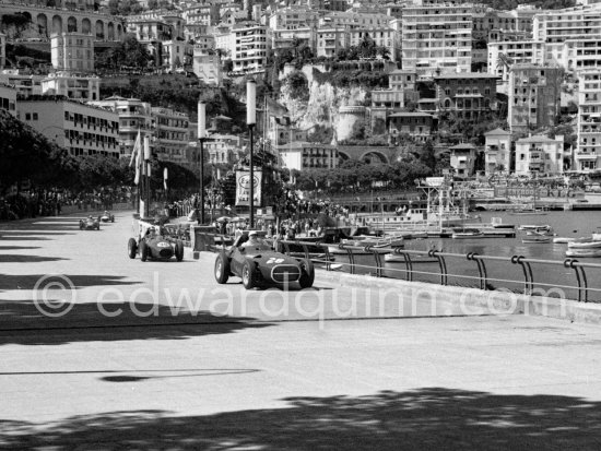Stirling Moss, (28) Vanwall VW7. Mike Hawthorn, (38) Ferrari Dino 246. Jack Brabham, (16) Cooper T45. Maurice Trintignant, (20) Cooper T45 (winner). Monaco Grand Prix 1958. - Photo by Edward Quinn