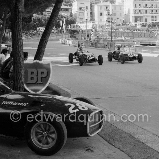 Stirling Moss\' car, (28) Vanwall VW7. Cliff Allison (24), Lotus 12, Graham Hill (26), Lotus 12. Monaco Grand Prix 1958. - Photo by Edward Quinn